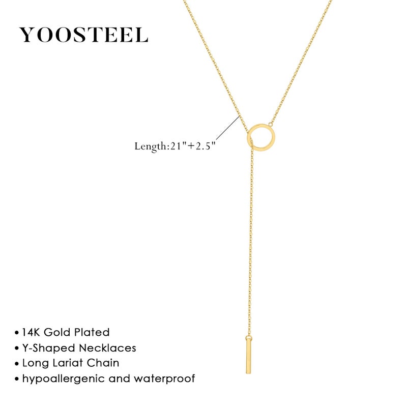Yoosteel Lariat Necklace for Women - Dainty Circle Bar Pendant Necklaces 14K-Gold-Plated Long Simple Y-Shaped Drop Chain Jewelry Trendy Gifts - Image 5