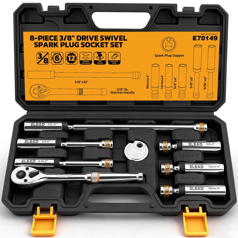ELEAD 8-Piece 3/8" Drive Magnetic Swivel Spark Plug Socket Set, 5/8", 9/16", 14mm, 16mm, Include Ratchet Handle & Spark Plug Gapper, 6 & 12 Point CR-V Spark Plug Removal Tool - Image 1