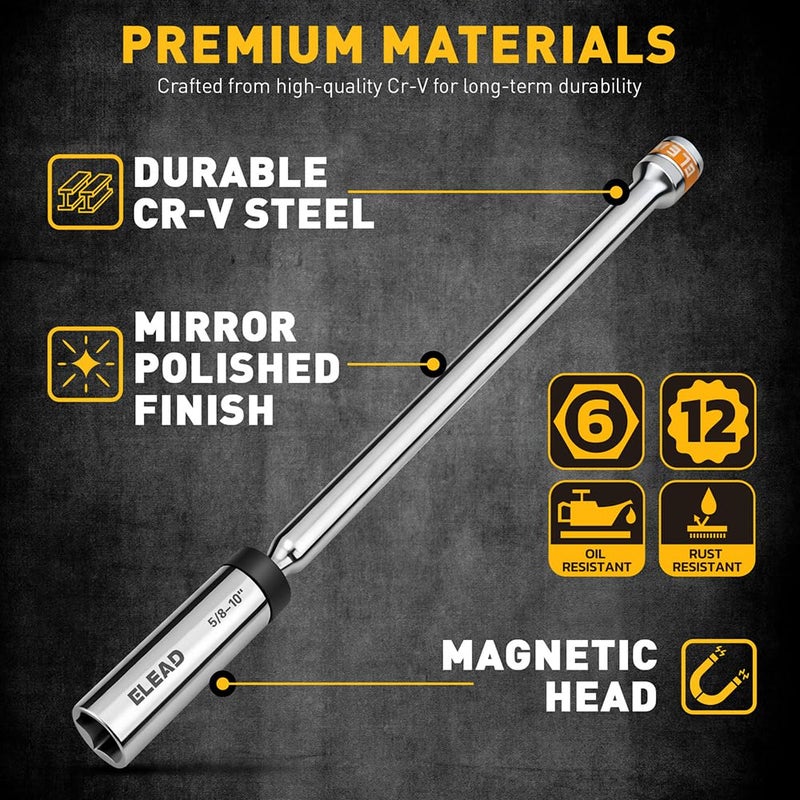 ELEAD 8-Piece 3/8" Drive Magnetic Swivel Spark Plug Socket Set, 5/8", 9/16", 14mm, 16mm, Include Ratchet Handle & Spark Plug Gapper, 6 & 12 Point CR-V Spark Plug Removal Tool - Image 5