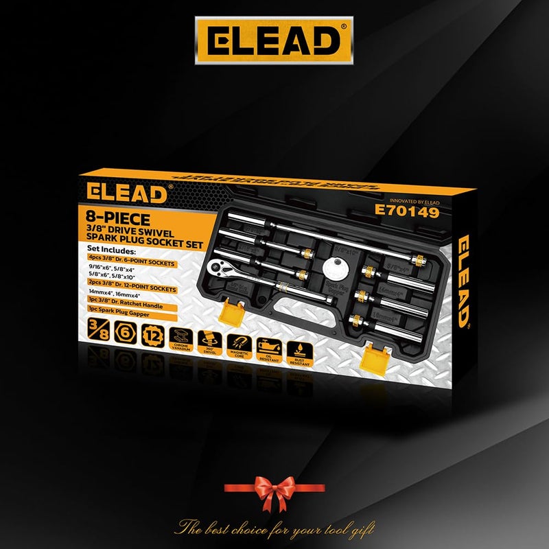 ELEAD 8-Piece 3/8" Drive Magnetic Swivel Spark Plug Socket Set, 5/8", 9/16", 14mm, 16mm, Include Ratchet Handle & Spark Plug Gapper, 6 & 12 Point CR-V Spark Plug Removal Tool - Image 2
