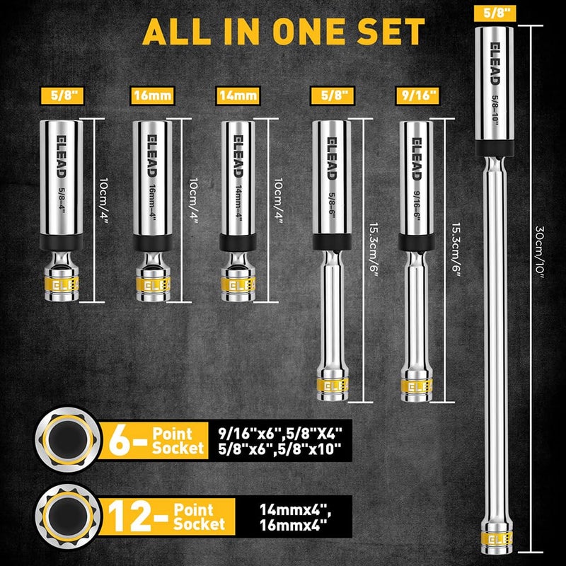 ELEAD 8-Piece 3/8" Drive Magnetic Swivel Spark Plug Socket Set, 5/8", 9/16", 14mm, 16mm, Include Ratchet Handle & Spark Plug Gapper, 6 & 12 Point CR-V Spark Plug Removal Tool - Image 3