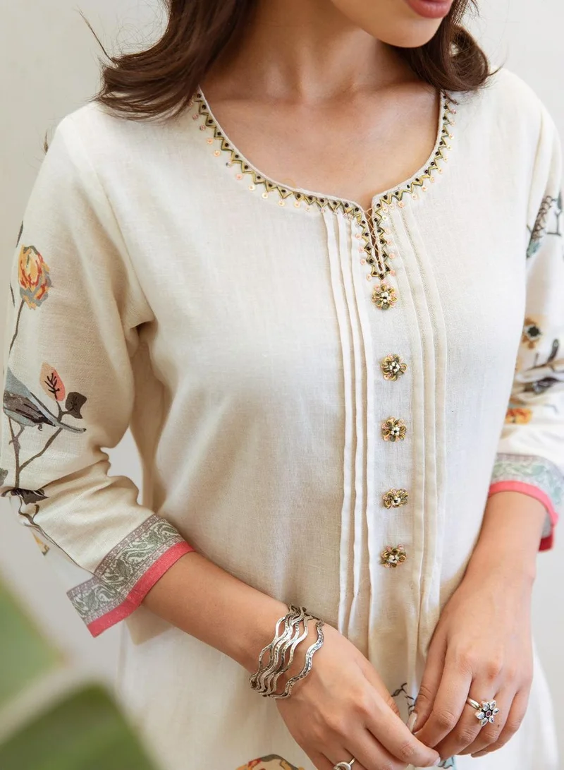 ISHIN Women's Cream Linen Printed Tunic Full Length Casual Regular Fit Kurta Set