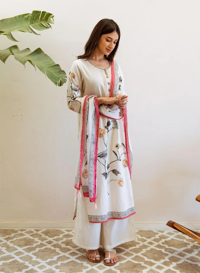 ISHIN Women's Cream Linen Printed Tunic Full Length Casual Regular Fit Kurta Set