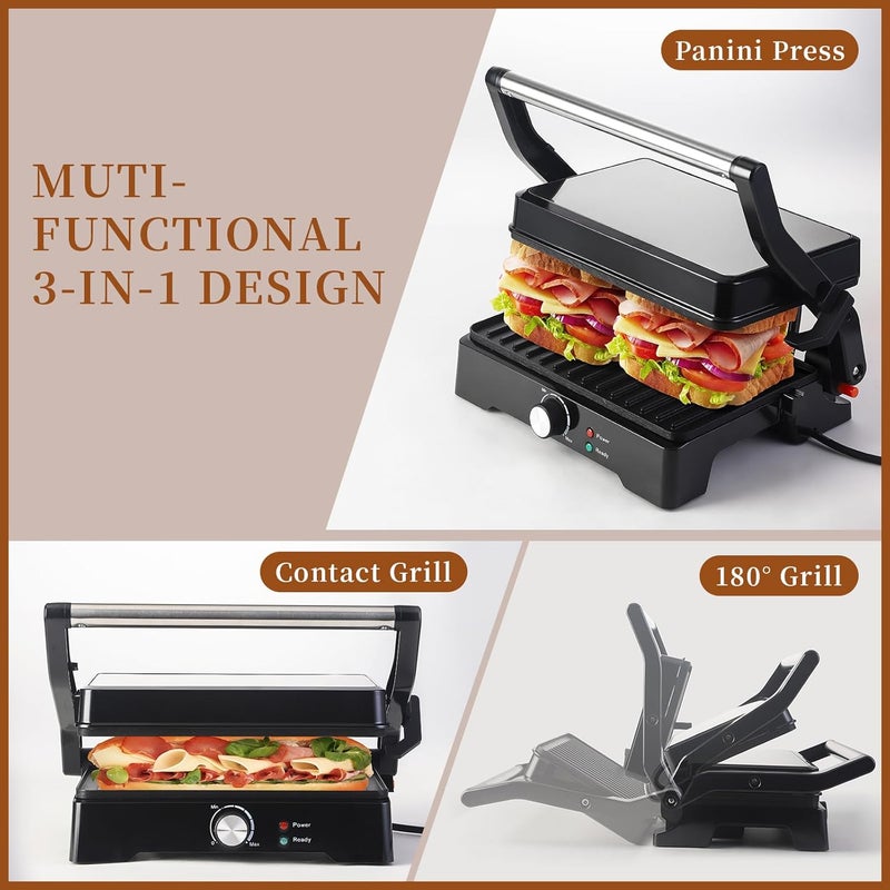 UVFAST Panini Press Grill Sandwich Maker, Large Electric 3 in 1 Panini Sandwich Maker Grill, Open 180 Degrees for Grill Indoor, Perfect for Grilling Steaks, Burger, Sandwich,Non-stick Pan - Image 5