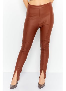 Women High Waist  Solid Leather Legging, Brown