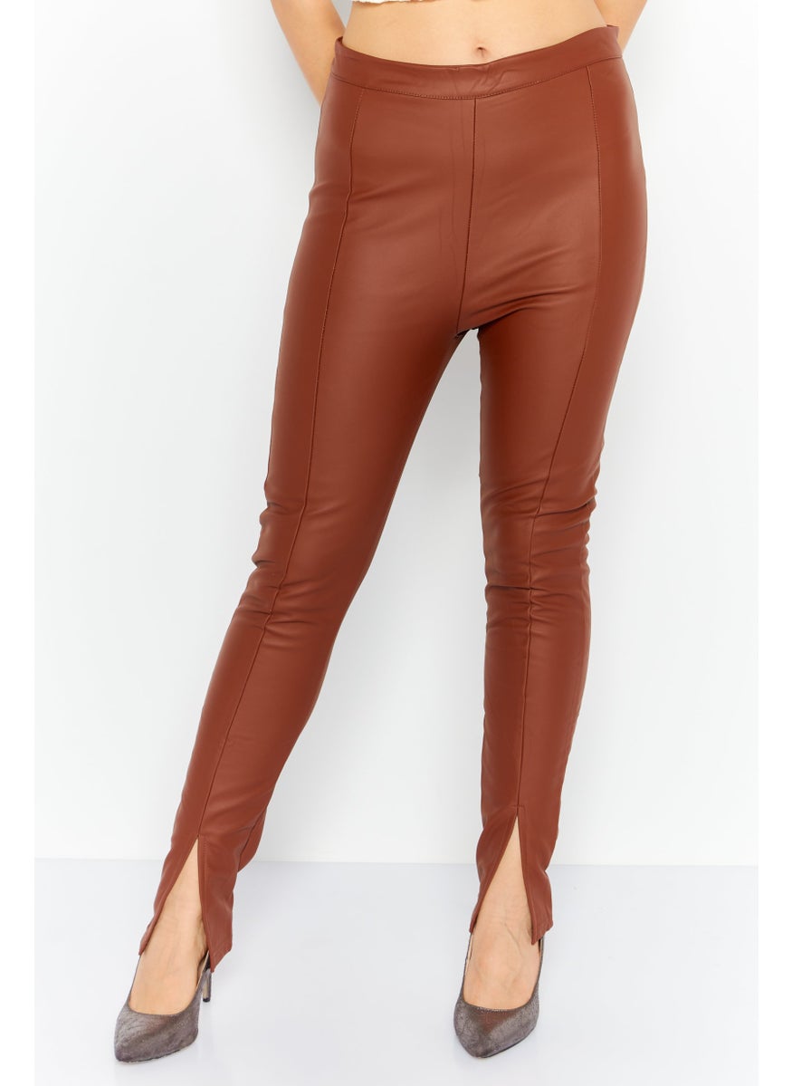 Outrageous Fortune - Women High Waist  Solid Leather Legging, Brown - Image 1