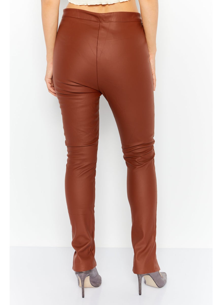 Outrageous Fortune - Women High Waist  Solid Leather Legging, Brown - Image 1