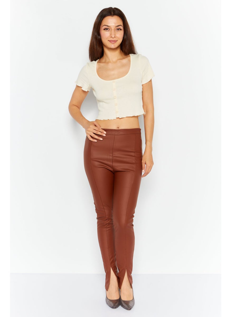 Outrageous Fortune - Women High Waist  Solid Leather Legging, Brown - Image 1