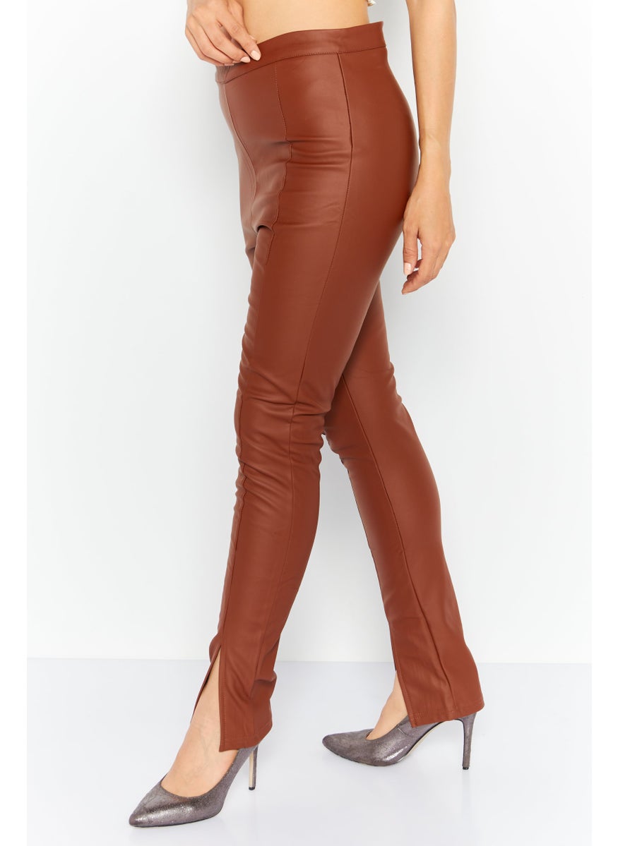 Outrageous Fortune - Women High Waist  Solid Leather Legging, Brown - Image 1