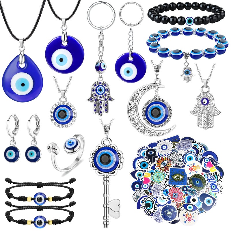 YADOCA 15Pcs Evil Eye Necklace for Women Men Evil Eye Bracelets Earring Ring Jewelry Hamsa Hand Pendant Turkish Protection Jewelry Set with 50Pcs Stickers - Image 1