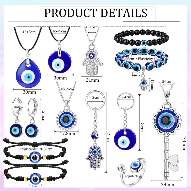 YADOCA 15Pcs Evil Eye Necklace for Women Men Evil Eye Bracelets Earring Ring Jewelry Hamsa Hand Pendant Turkish Protection Jewelry Set with 50Pcs Stickers - Image 5