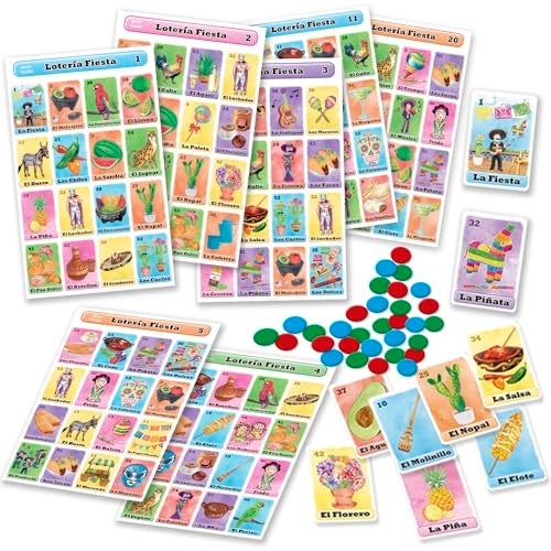 More Fiesta Loteria Fiesta Deluxe Game Set in Spanish for Up to 20 Players 20 Boards Full Deck of Cards and with Chips - Image 1