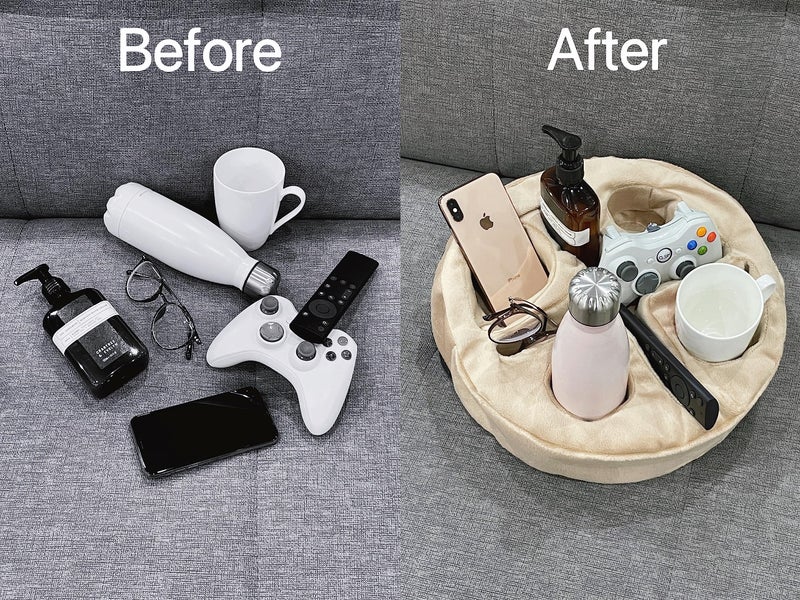 Xchouxer Couch and Bed Cup Holder Pillow, Sofa Organizer Caddy for Drinks, Remotes, Phones, Snacks (Beige) - Image 2