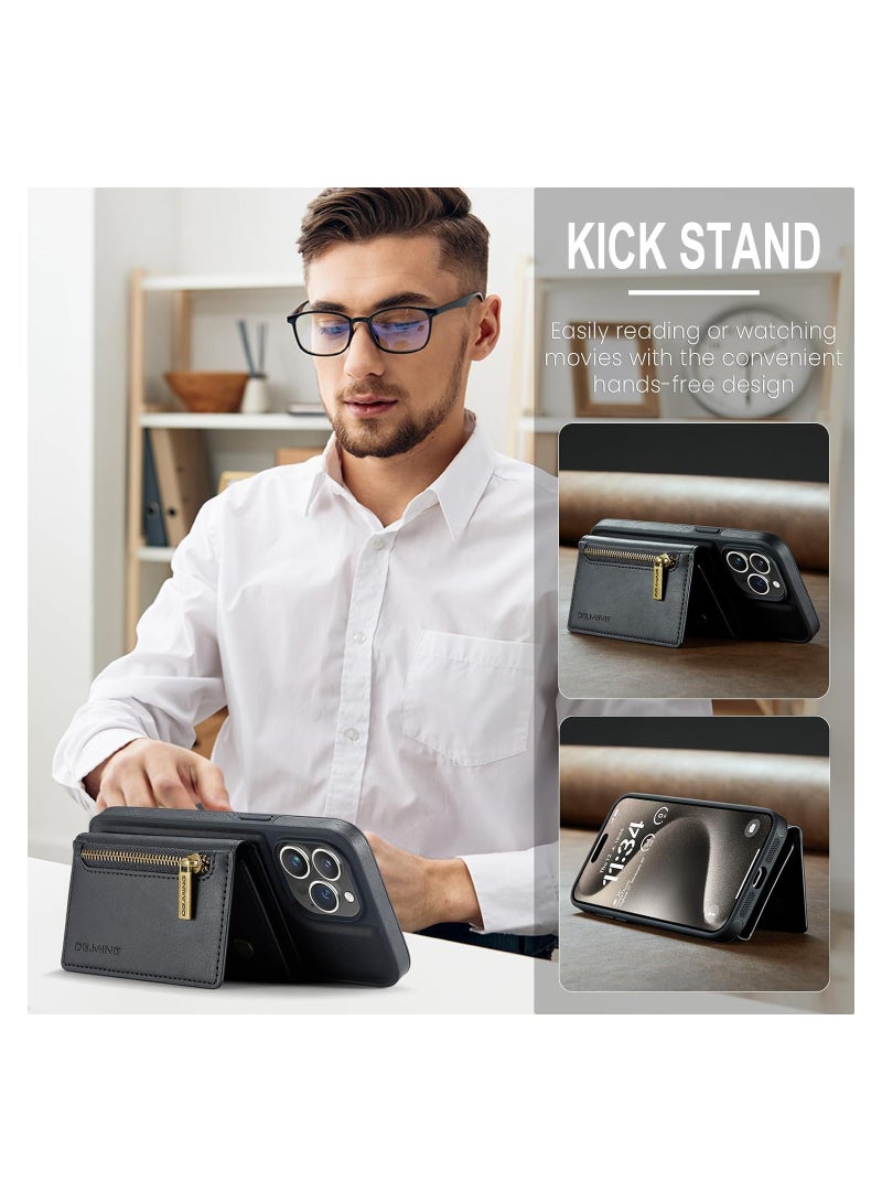 KASTWAVE Leather Wallet Phone Cases for iPhone 15 Pro, Azonee 6.1'' 2 in 1 Leather Phone Case Back Cover Magnetic Detachable with Trifold Wallet Card Holder Pocket Detachable Back Cover (Black) - Image 3