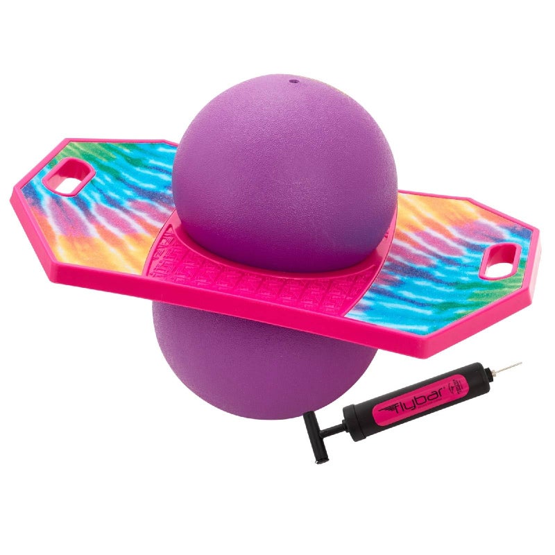 Flybar Pogo Trick Ball for Kids, Trick Bounce Board for Boys and Girls Ages 6+, Up to 160 lbs, Includes Pump, Easy to Carry Handle, Durable Plastic Deck Indoor, Outdoor Toy Pogo Jumper (Tie Dye) - Image 1