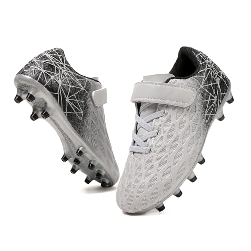 Skerxut Soccer Cleats Kids Firm Ground Football Shoes Boys Girls Athletic Outdoor Grey Toddler 10 Numeric US Footwear Size System Medium - Image 1