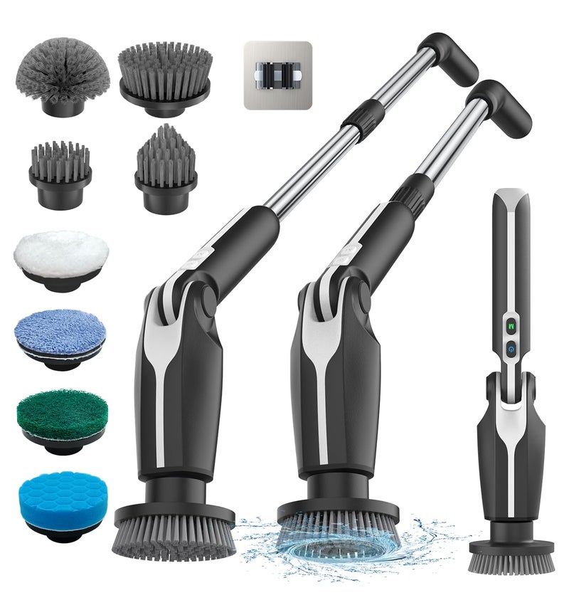 Leebein Electric Spin Scrubber Shower Scrubber with 4 Adjustable Angles and 8 Brush Heads Electric Scrubber with Long Handle Remote Controller Cleaning Brush for Bathroom Tub Floor Black