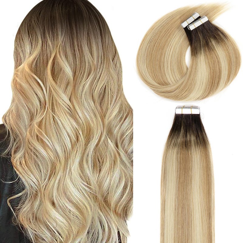 LacerHair Tape in Natural Hair Extensions Human Hair 14 Inch Tape in Human Hair Extensions Color Caramel blonde Mixed Bleach blonde with Darkest Brown Roots 50 Gram Remy Human Hair Tape Ins R#2-27/613 - Image 1