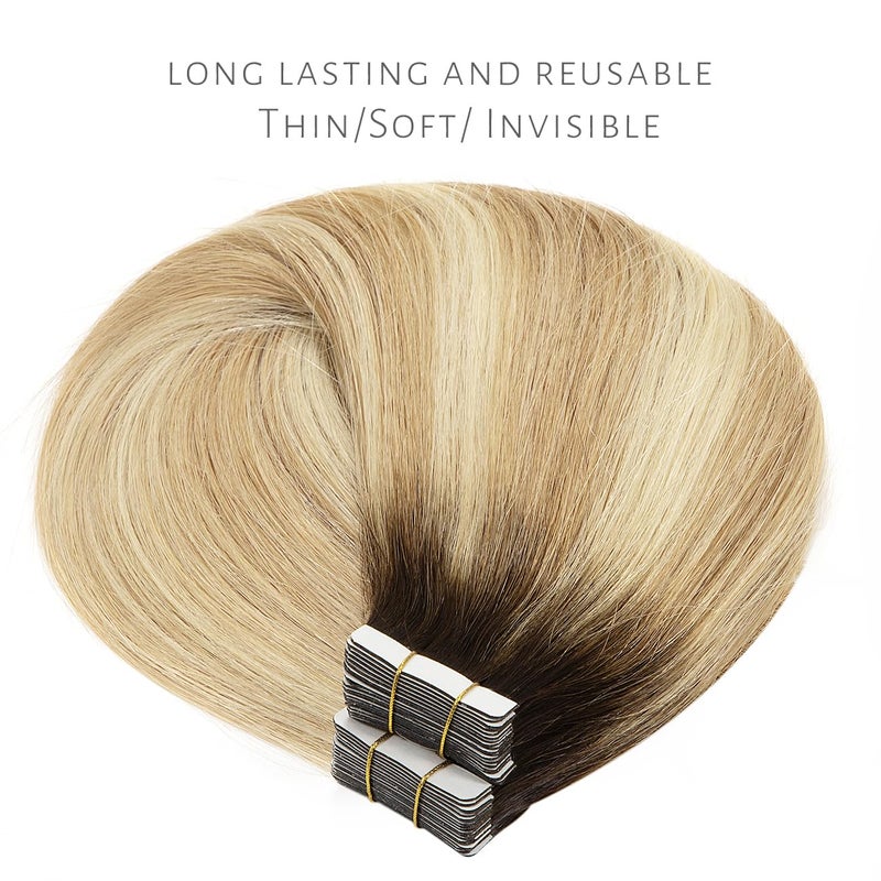 LacerHair Tape in Natural Hair Extensions Human Hair 14 Inch Tape in Human Hair Extensions Color Caramel blonde Mixed Bleach blonde with Darkest Brown Roots 50 Gram Remy Human Hair Tape Ins R#2-27/613 - Image 2