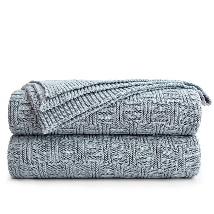 GREY BLUE COTTON KNIT THROW BLANKET FOR COUCH SOFA BED HOME DECORATIVE SOFT COZY SWEATER WOVEN FALL CABLE KNITTED BLANKETS BLUE GRAY 23 POUNDS 50 X 60 INCH