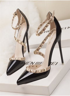 Eloshman Minimalist shallow mouthed pointed rivet hollowed out one line high heels Black  - Image 2