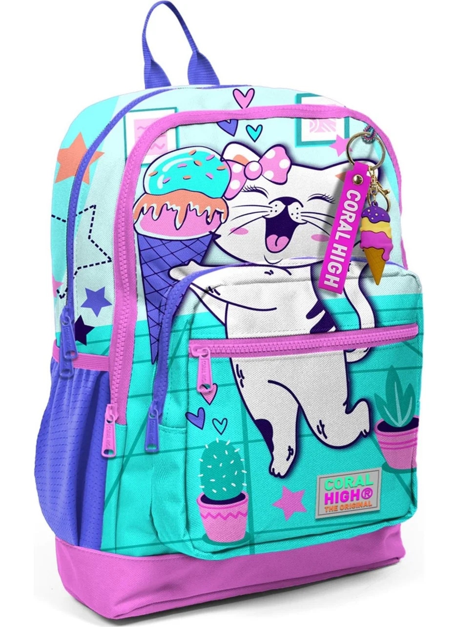 كورال هاي Kids Turquoise Pink Ice Cream Cat Patterned School Backpack 23751