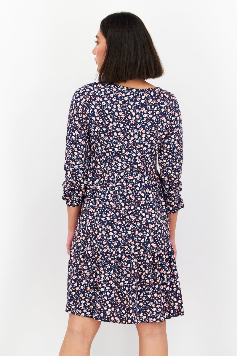 MEXX فستان ميني كاجوال مزخرف بالورود للنساء، أزرق داكن - Image 3