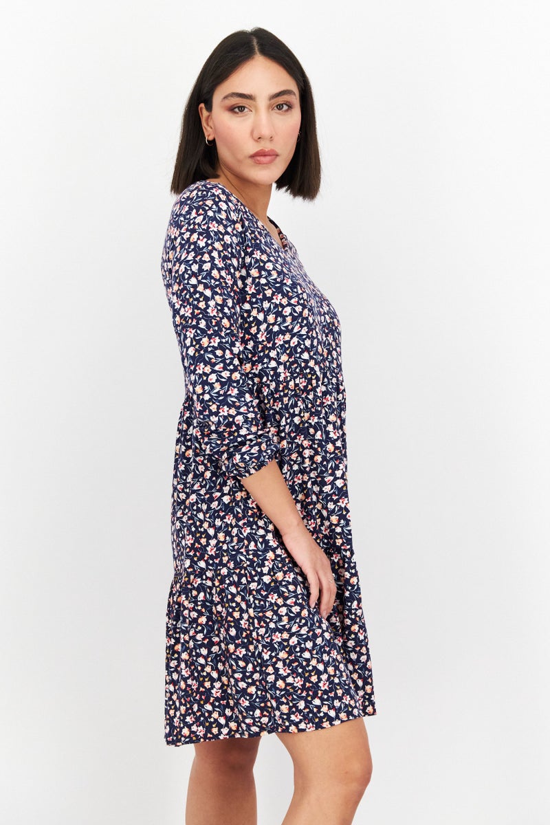 MEXX Women Floral Print Casual Mini Dress, Navy - Image 4