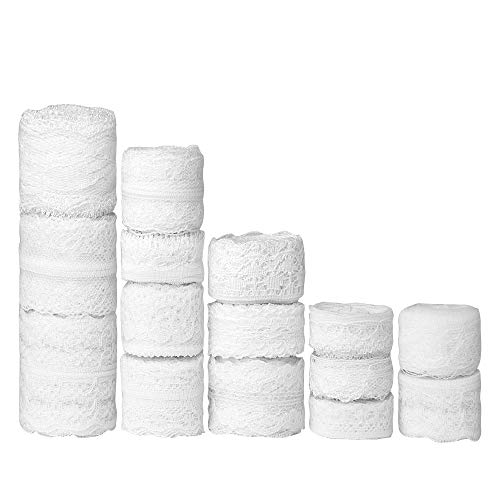 FEPITO 15 Rolls 55.5 Yard White Lace Trim Ribbon Assorted Patterns Cream Vintage Lace Ribbons for Sewing DIY Making and Bridal Wedding Decorations - Image 1