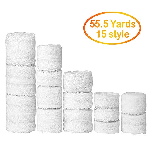 FEPITO 15 Rolls 55.5 Yard White Lace Trim Ribbon Assorted Patterns Cream Vintage Lace Ribbons for Sewing DIY Making and Bridal Wedding Decorations - Image 2