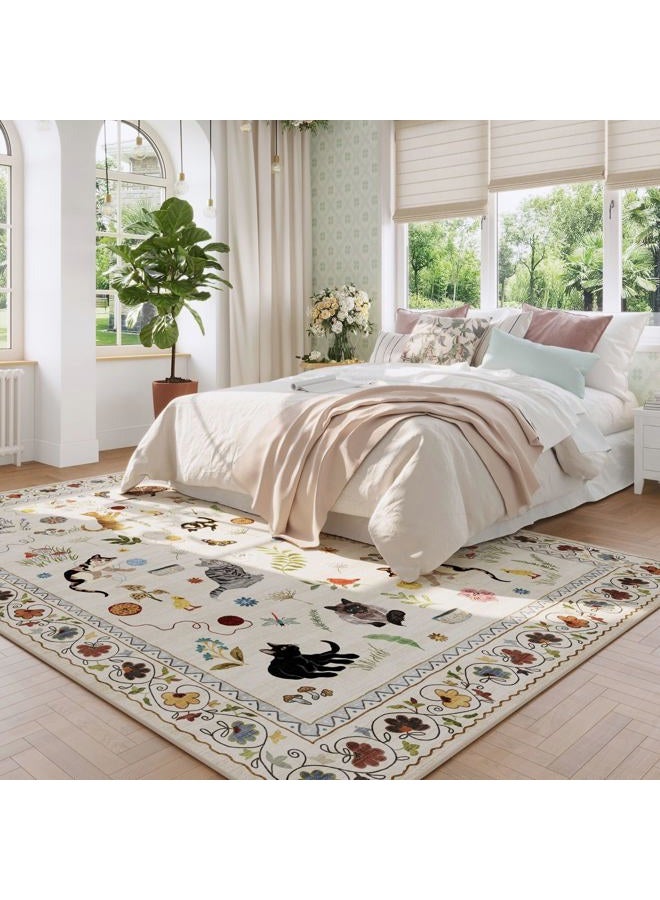Rugcomf Area Rugs 9x12 Living Room Clearance Washable Boho Rug Non Slip Floral Animal Cat Vintage Low Pile Large Rug for Living Room Bedroom Farmhouse Dining Room Kids Playroom, Beige - Image 2