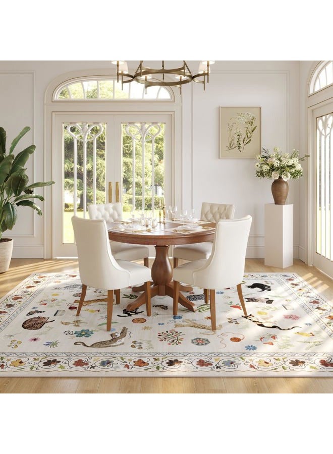 Rugcomf Area Rugs 9x12 Living Room Clearance Washable Boho Rug Non Slip Floral Animal Cat Vintage Low Pile Large Rug for Living Room Bedroom Farmhouse Dining Room Kids Playroom, Beige - Image 3