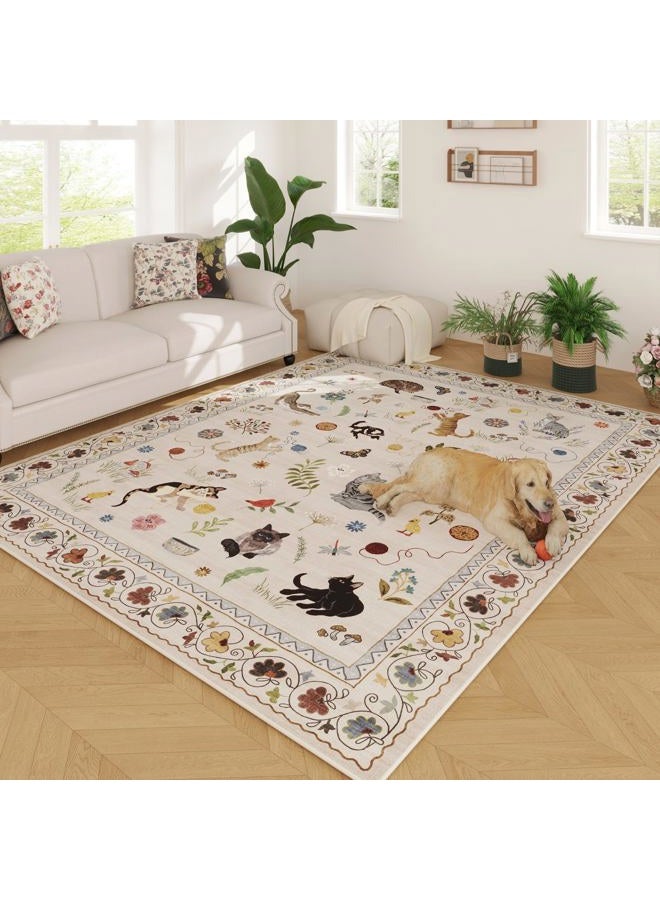 Rugcomf Area Rugs 9x12 Living Room Clearance Washable Boho Rug Non Slip Floral Animal Cat Vintage Low Pile Large Rug for Living Room Bedroom Farmhouse Dining Room Kids Playroom, Beige - Image 1
