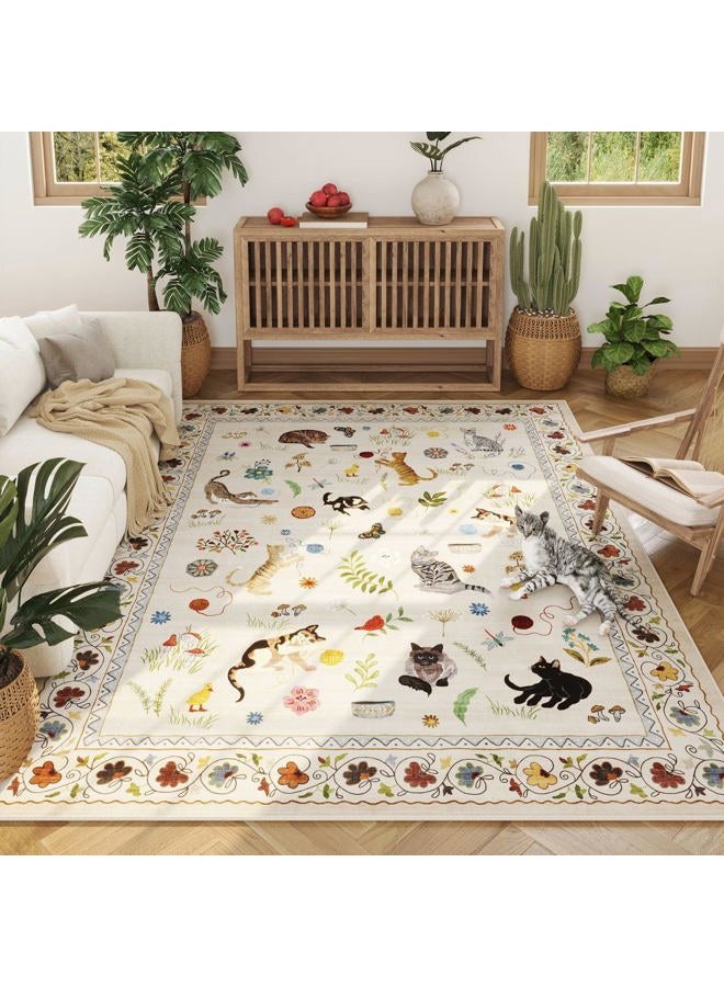 Rugcomf Area Rugs 9x12 Living Room Clearance Washable Boho Rug Non Slip Floral Animal Cat Vintage Low Pile Large Rug for Living Room Bedroom Farmhouse Dining Room Kids Playroom, Beige - Image 4