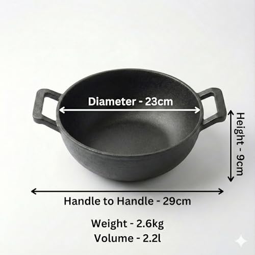 Human Hydro Premium 7-Layered Pre-Seasoned Cast Iron Kadai - 23cm, Small Size (9.2 Inch), 2.2 Litre, 100% Natural Non-Stick & Non-Toxic, Induction Friendly Flat Botton (23CM/9.2INCH) - Image 2