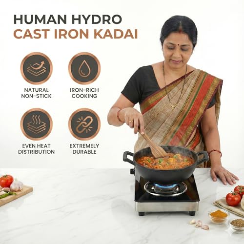 Human Hydro Premium 7-Layered Pre-Seasoned Cast Iron Kadai - 23cm, Small Size (9.2 Inch), 2.2 Litre, 100% Natural Non-Stick & Non-Toxic, Induction Friendly Flat Botton (23CM/9.2INCH) - Image 3