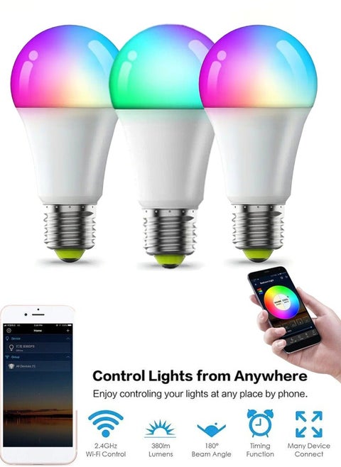 LED Wi-Fi Bluetooth Bulb, Control From Your Iphone or Android From Anywhere, Works With Alexa Google Assistant, 16Million Colors Dimmable Light 8 Different Modes Power Saving, 10W Smart Bulb Pack Of 3