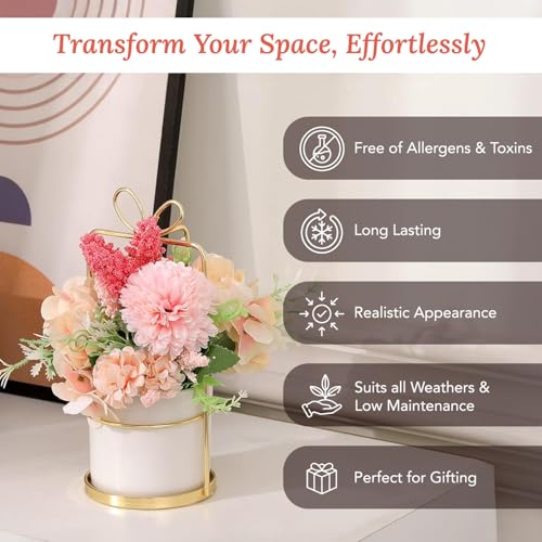 Ekhasa Nostrae Dahlia Flower Ceramic Vase with Artificial Flowers Plant | Small Daisy Flower Pots with Artificial Flowers for Home Decor Centre Table Living Room Office Wedding Birthday & Gift - Image 3
