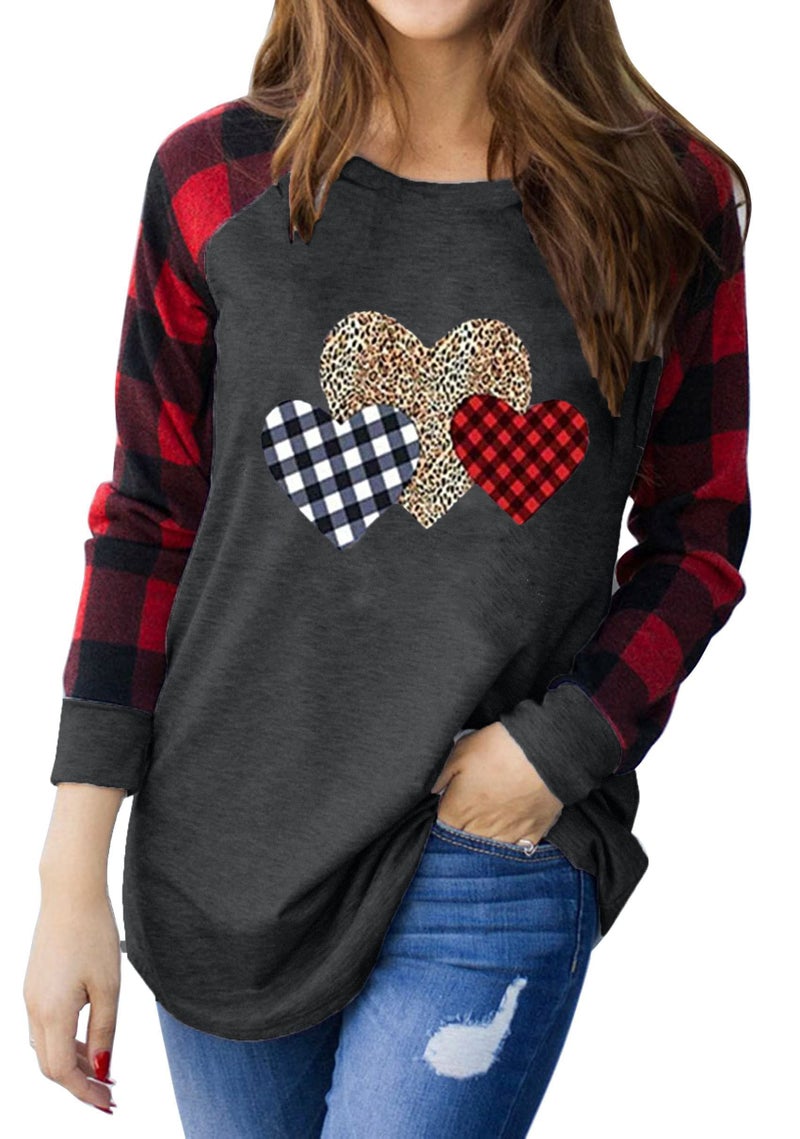 MHTOR Valentines Shirts Women Buffalo Plaid Love Heart Graphic Tees Letter Print Long Sleeve Tops Shirts(Large,Grey-04) - Image 2