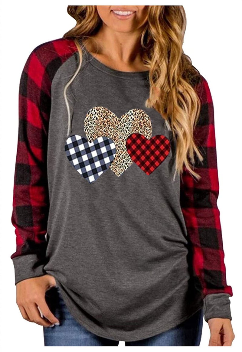 MHTOR Valentines Shirts Women Buffalo Plaid Love Heart Graphic Tees Letter Print Long Sleeve Tops Shirts(Large,Grey-04) - Image 1