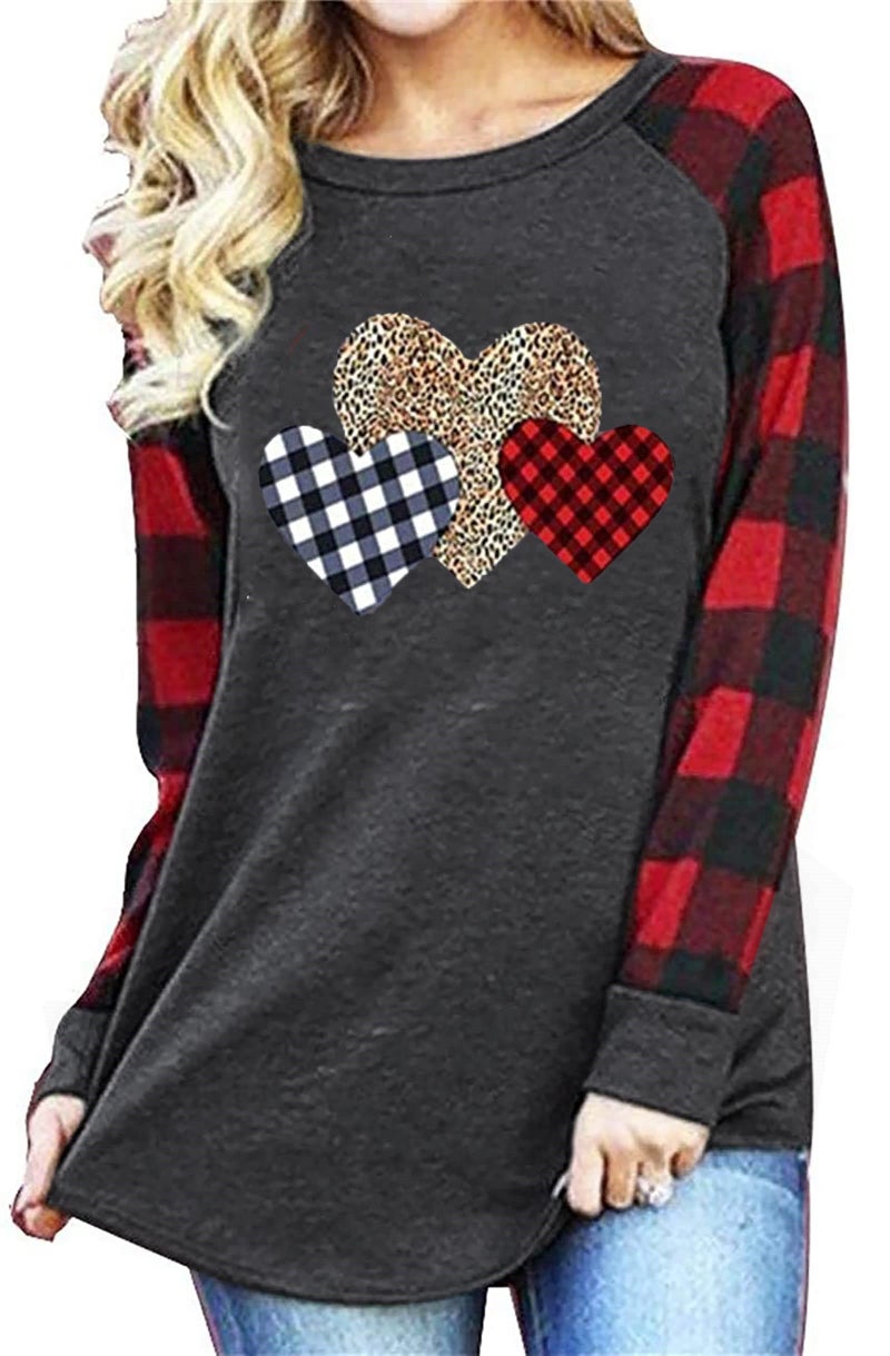 MHTOR Valentines Shirts Women Buffalo Plaid Love Heart Graphic Tees Letter Print Long Sleeve Tops Shirts(Large,Grey-04) - Image 3