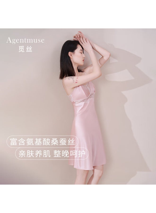 Agentmuse Women's Silk Pajamas Mulberry Silk Camisole Lace Nightdress Girl Pink XL