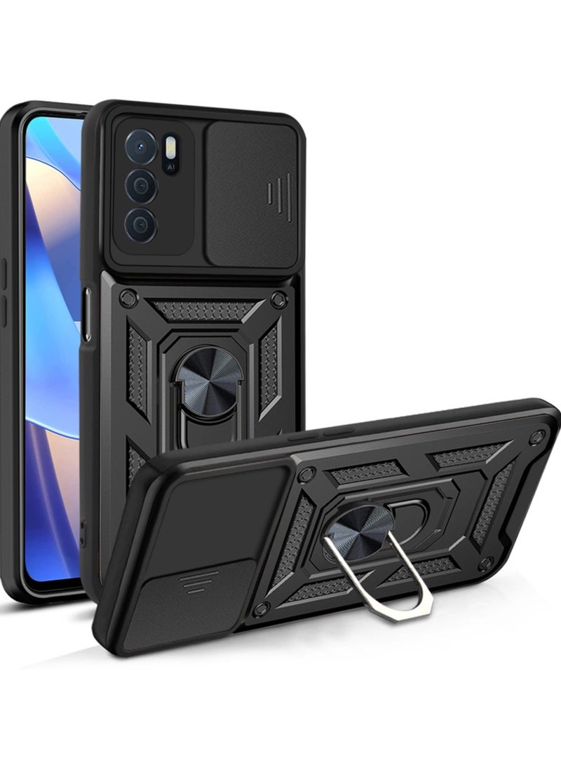 Case Cover Shockproof Windows Protective Case with Camera Protection and Metal Ring Compatible with Oppo Reno 6 4G (Black) - Image 1