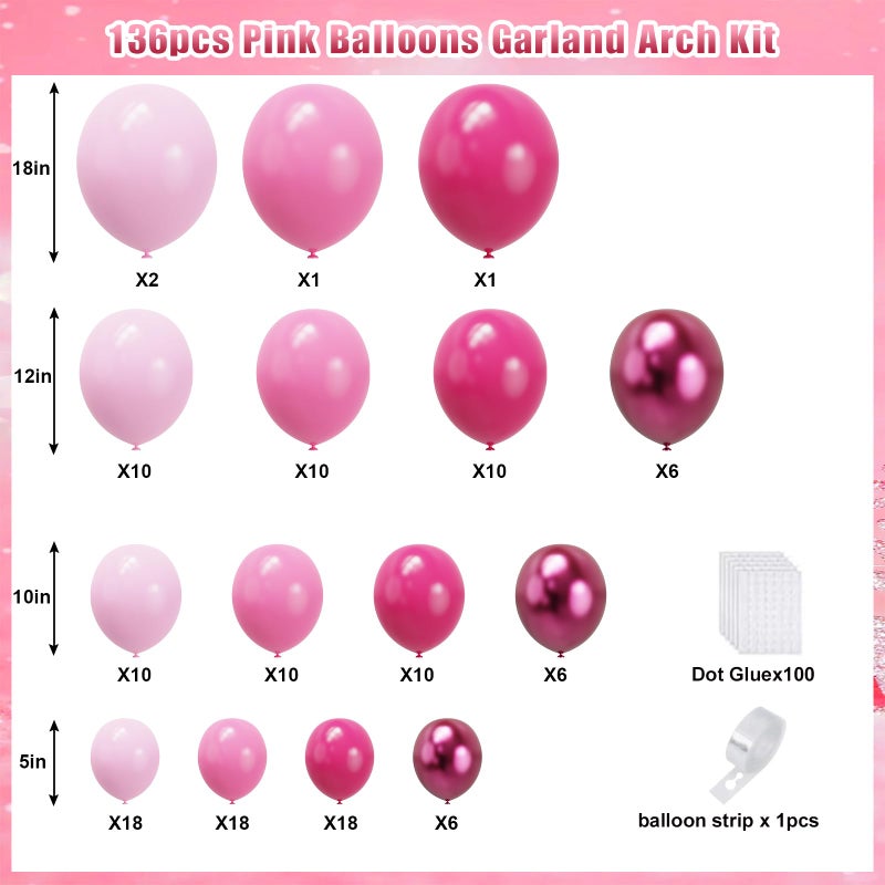 YMSZ Pink Balloon Garland Arch Kit, Hot Pink Balloons Metallic Balloon for Birthday,Princess, Wedding, Baby Shower, Valentine's Day Party Decorations - Image 2
