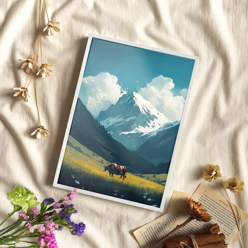 TNESSENTIAL Cow In the Valley With Snowy Mountains Canvas Poster, Serene Landscape Poster or Canvas Print, Farm Animal Poster, Rustic Country Home Decor - Image 1