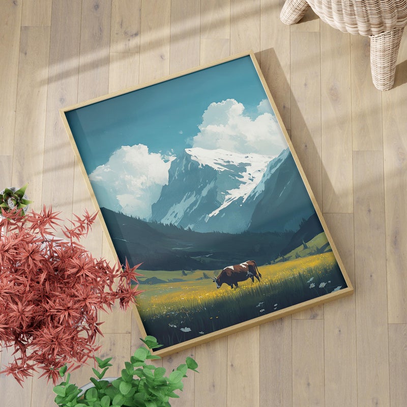 TNESSENTIAL Cow In the Valley With Snowy Mountains Canvas Poster, Serene Landscape Poster or Canvas Print, Farm Animal Poster, Rustic Country Home Decor - Image 3