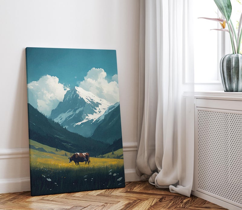 TNESSENTIAL Cow In the Valley With Snowy Mountains Canvas Poster, Serene Landscape Poster or Canvas Print, Farm Animal Poster, Rustic Country Home Decor - Image 5