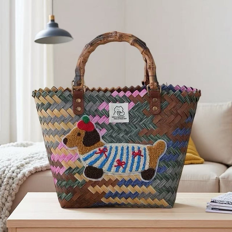 Kids Cartoon Woven Dog Handbag - Image 3