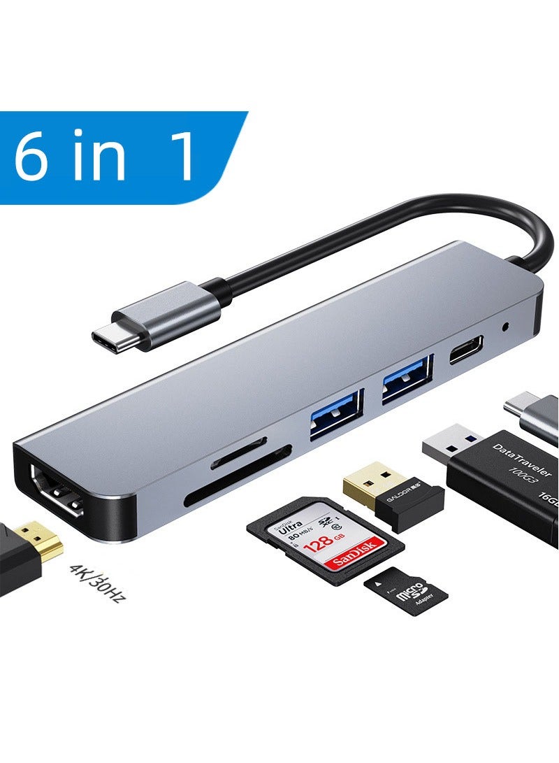 6 In 1 USB C Adapter, 100W PD Charging SD/TF Card Reader USB 3.0 Ports for MacBook Pro/Air USB C Hub 4K HDMI-compatible  - Image 1
