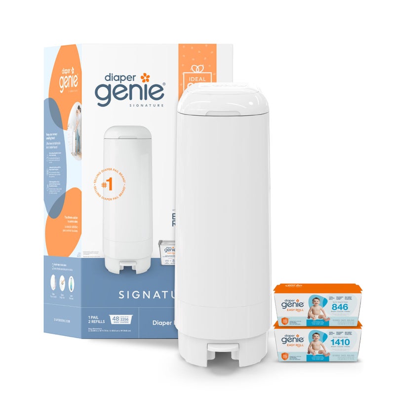 Diaper Genie Signature Gift Set Includes Easy Roll Refill with 48 Bags Holds Up to 2256 Newborn Diapers
